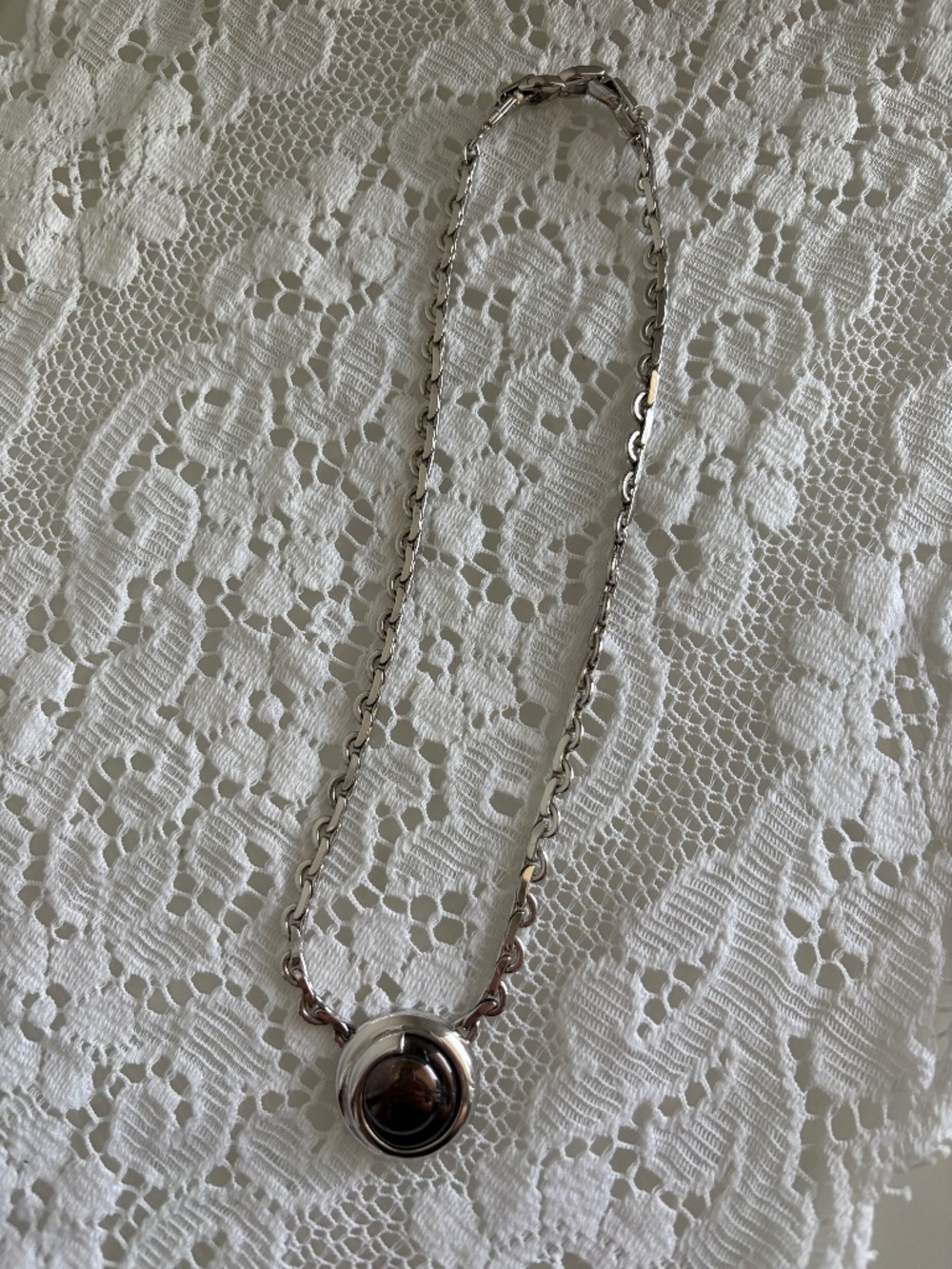 Vintage Nina Ricci Silver Tone Pendant Necklace with Dark Lucite Cabochon